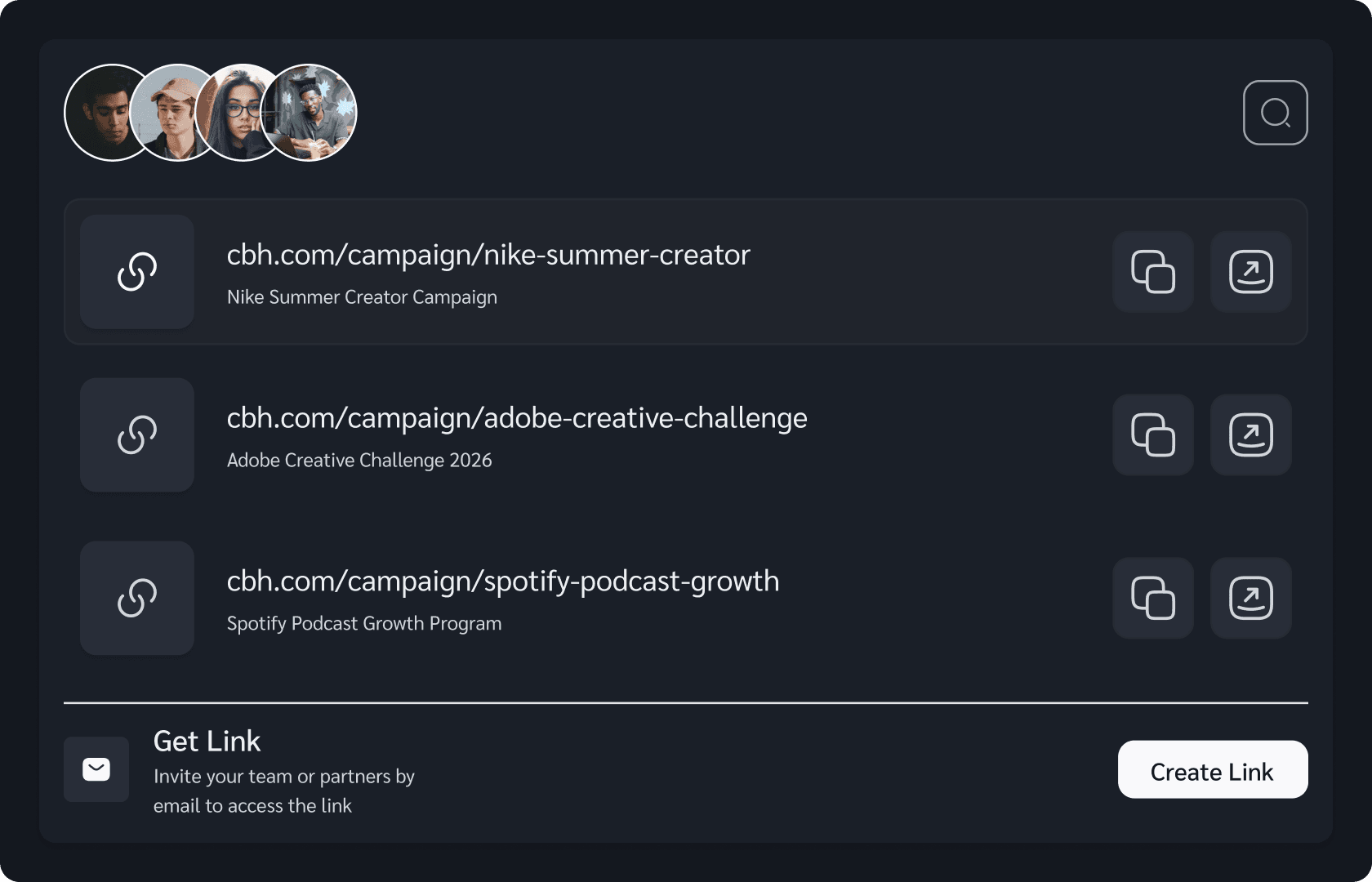 Collaboration panel listing shareable campaign links
