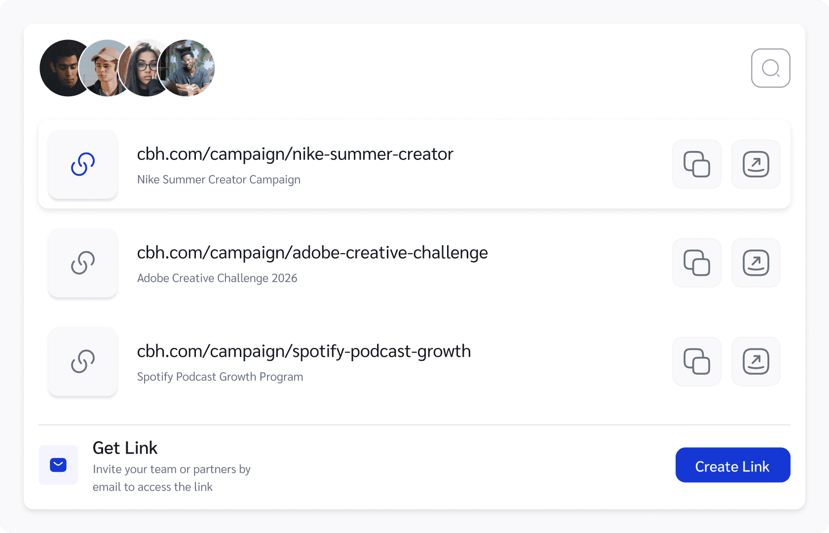 Collaboration panel listing shareable campaign links