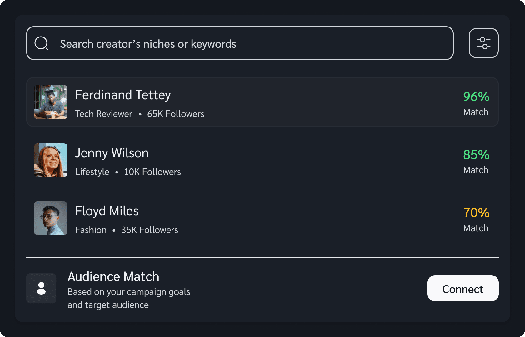 Creator discovery panel with a search bar and ranked creator matches
