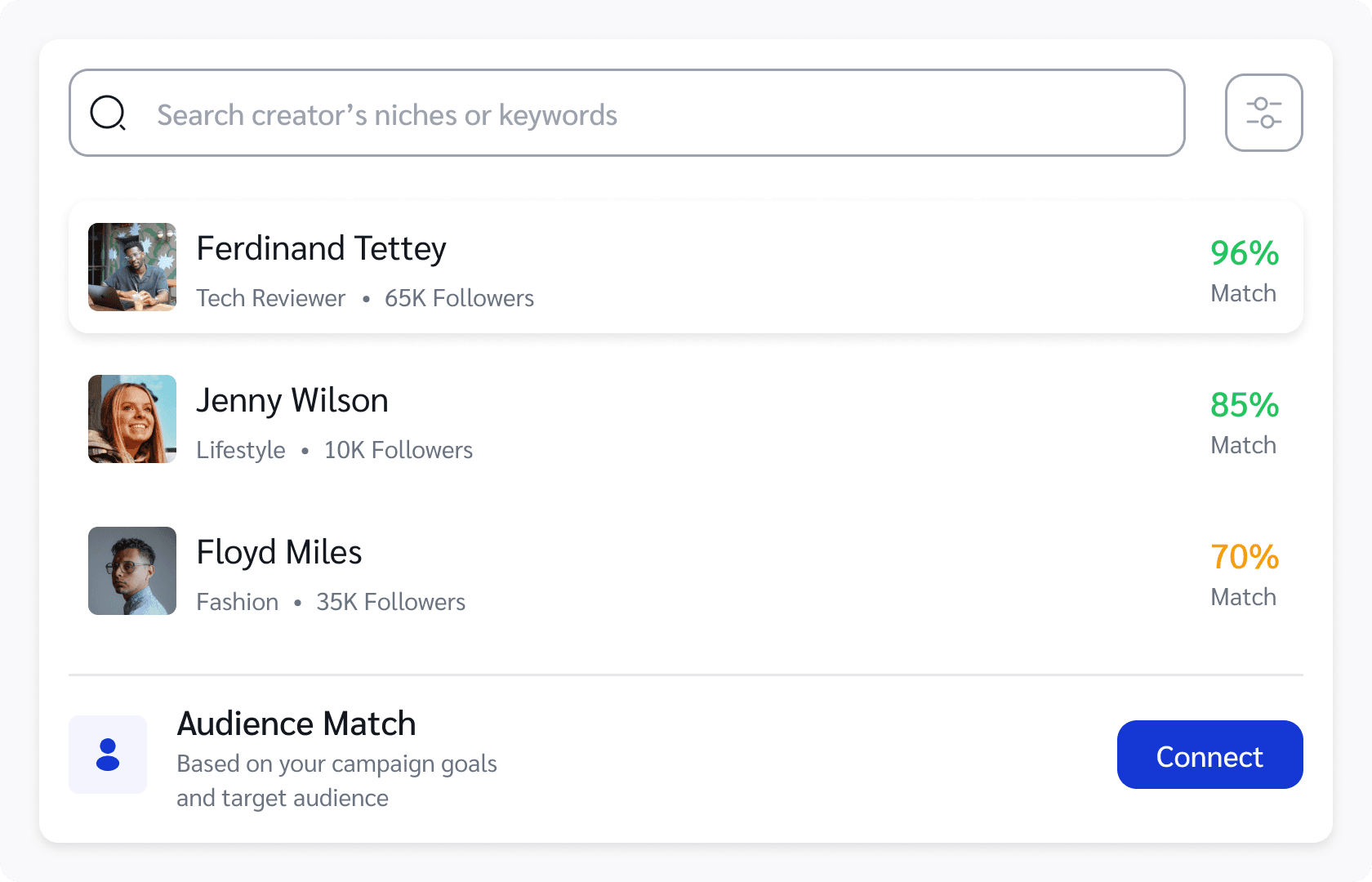 Creator discovery panel with a search bar and ranked creator matches